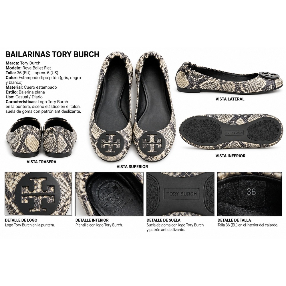 Tory Burch Reva Ballet Flats Python Snakeskin Print Gray Black Medallion Size 6